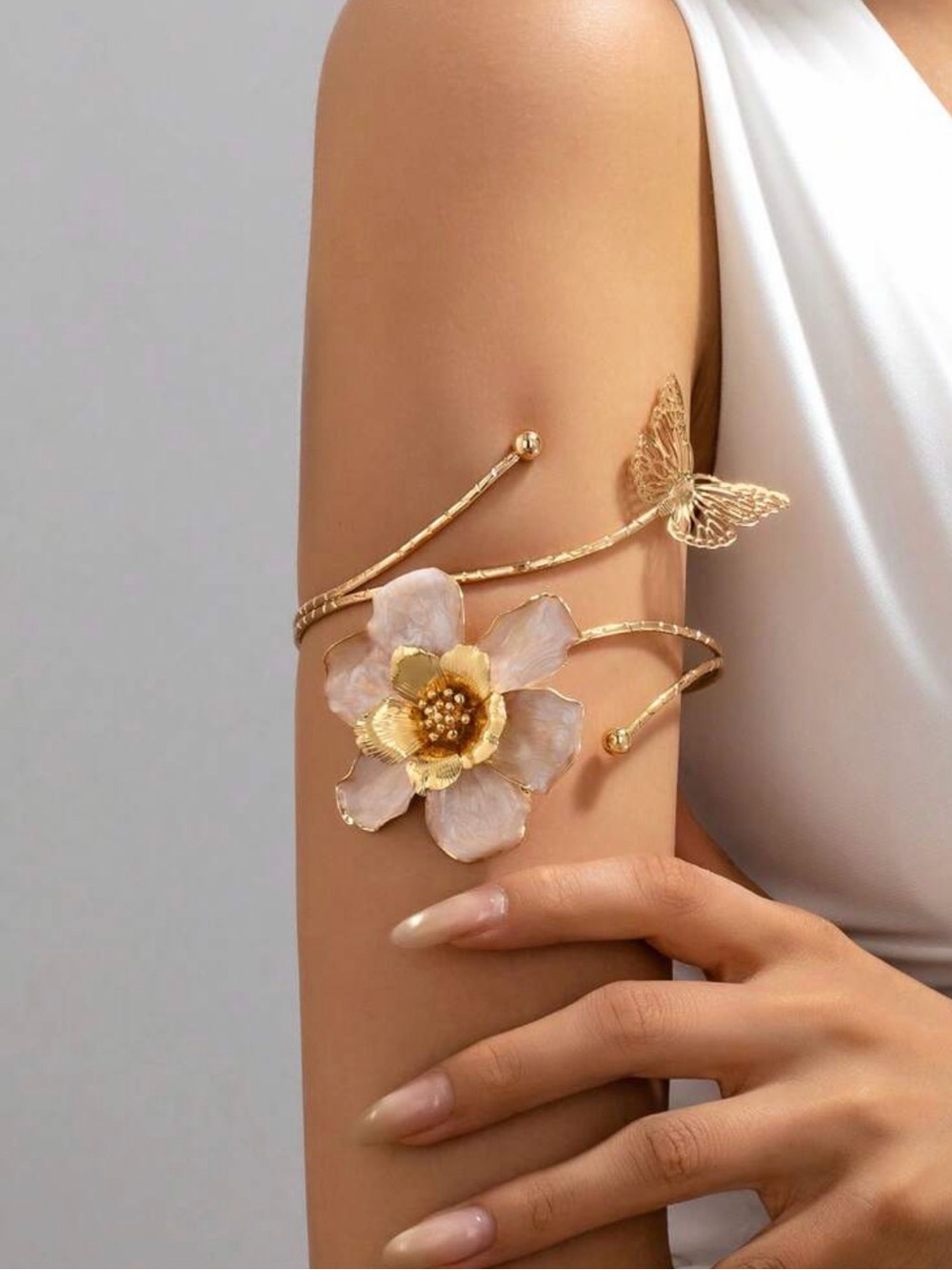 🦋 Floral Butterfly Arm Cuff Bracelet | Gold Tone Statement Jewelry
